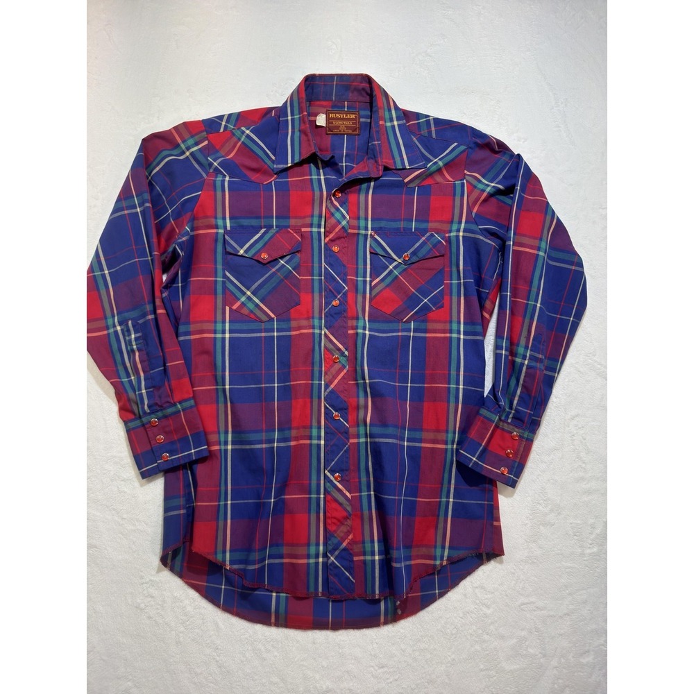 Vintage Rustler Shirt Mens Medium Blue Red Plaid Western Pearl Snap Long Sleeve